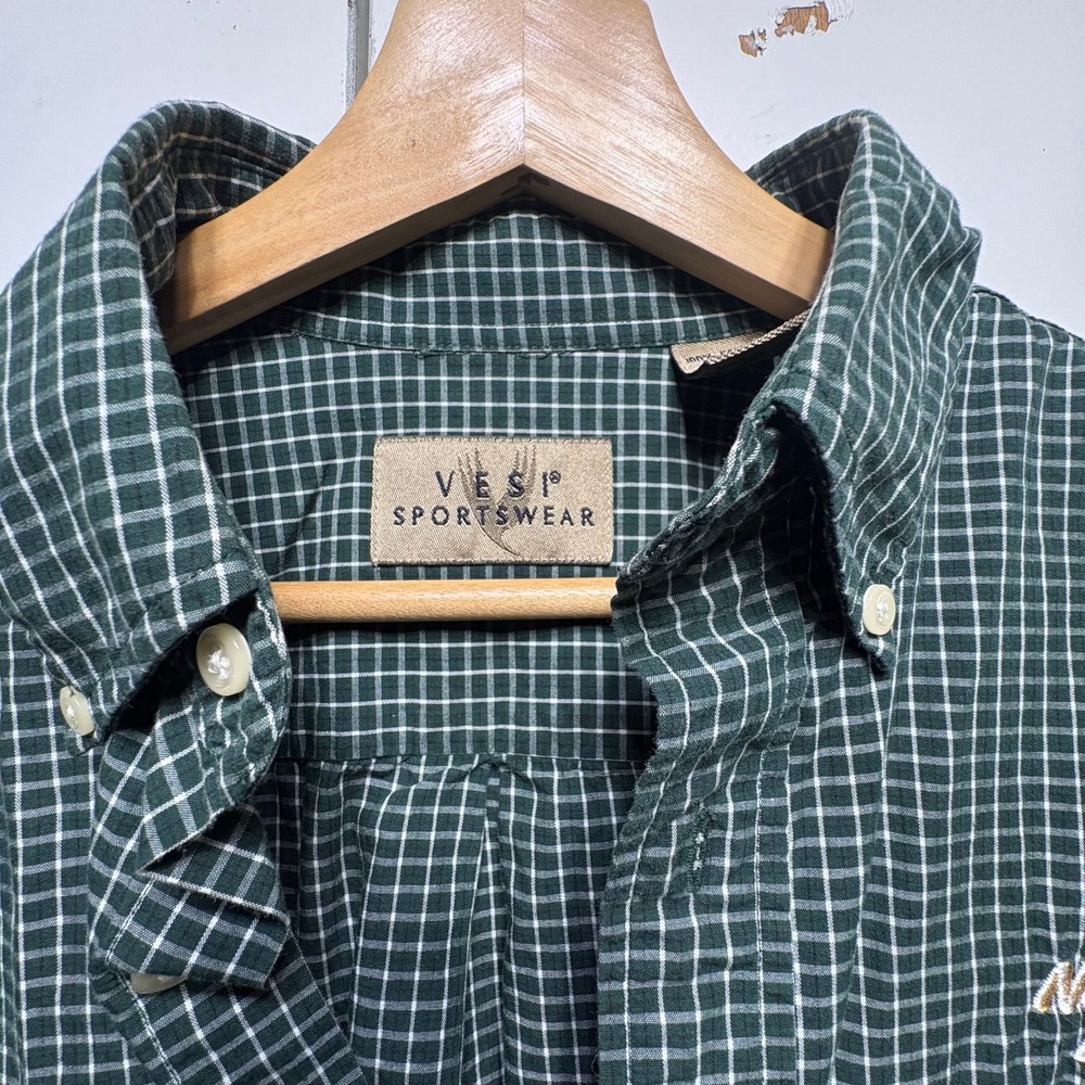 VTG Vesi Sportswear Notre Dame Mens Medium Green Check Cotton Button Down LS - Picture 3 of 10